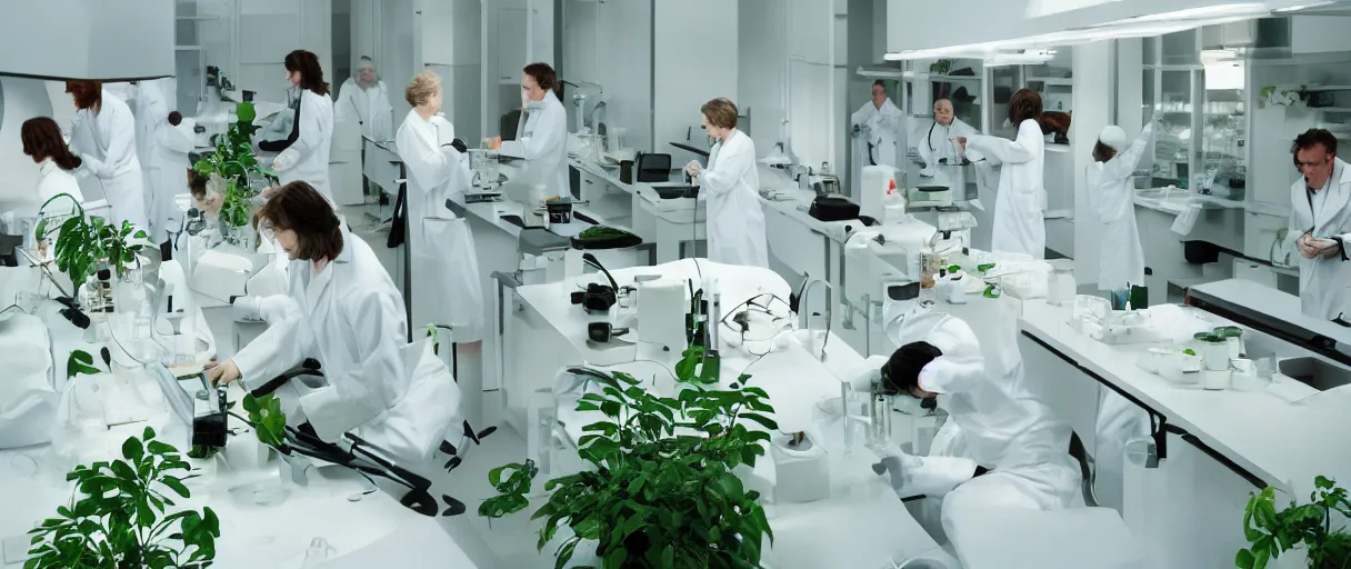 Image similar to movie still 4 k uhd 3 5 mm film color photograph of a clean white futuristic minimal biology lab full of plants