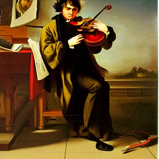 Prompt: beethoven playing electric guitar, baroque painting