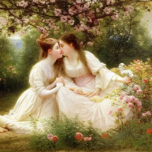 Prompt: Springtime, by Pierre-Auguste Cot, with an adult couple