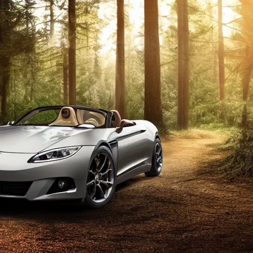 Prompt: a roadster covered by cat hair parking in the forest, warm light, front view, realistic, 4k, hd, highly detailed
