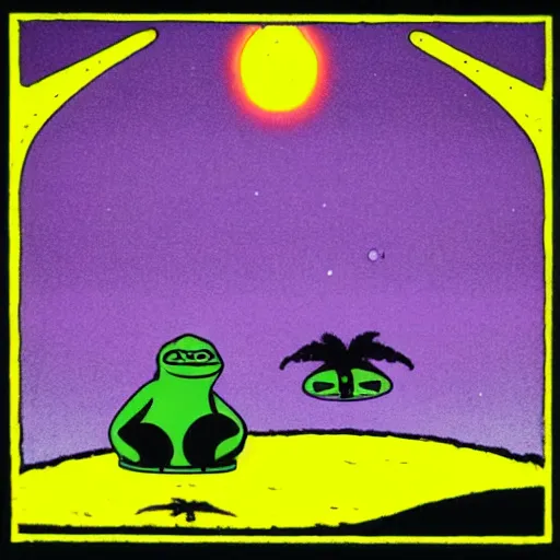 Image similar to ufo and aliens with pepe the frog beaming up abducting cows along coast line pastures, summer night and palm trees. by patrick nagel, by norman rockwell, by virgil finlay minimalist lighting, precisionist, 1 0 0 0 0 mm. purple and green gammas.