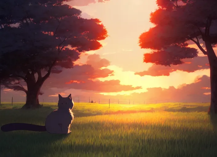 Image similar to cat, by makoto shinkai, highly detailed, sunset light