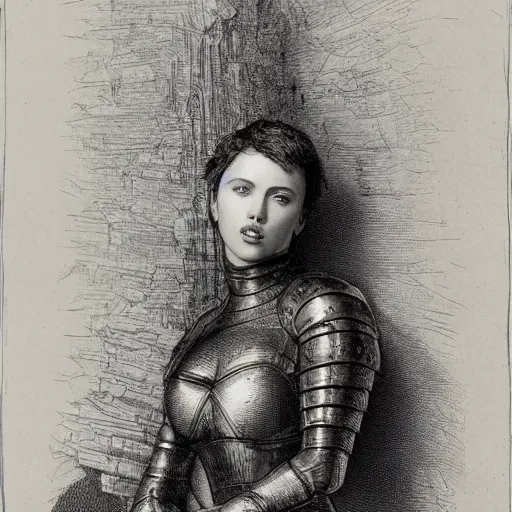 Prompt: engraving portrait of scarlet johansson in medieval armoury by gustave dore