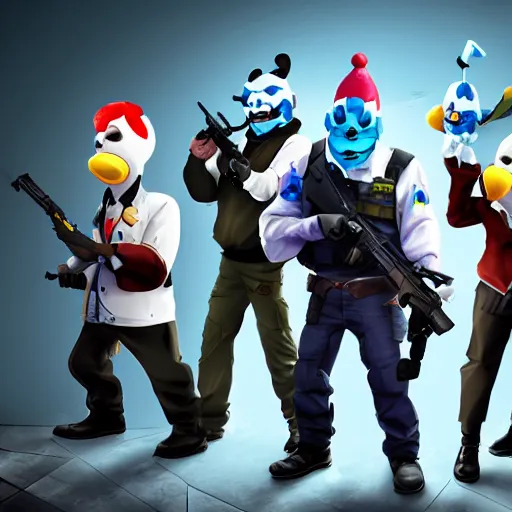 Image similar to payday 2 characters in rayman legends concept art, ultra realistic, 4 k, octane render, real life characters, high detailed