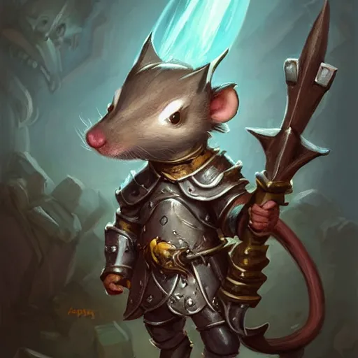 Image similar to cute little anthropomorphic Rat wearing Knight armor, ultra wide lens shot , tiny, small, short, cute and adorable, pretty, beautiful, DnD character art portrait, matte fantasy painting, DeviantArt Artstation, by Jason Felix by Steve Argyle by Tyler Jacobson by Peter Mohrbacher, cinematic lighting