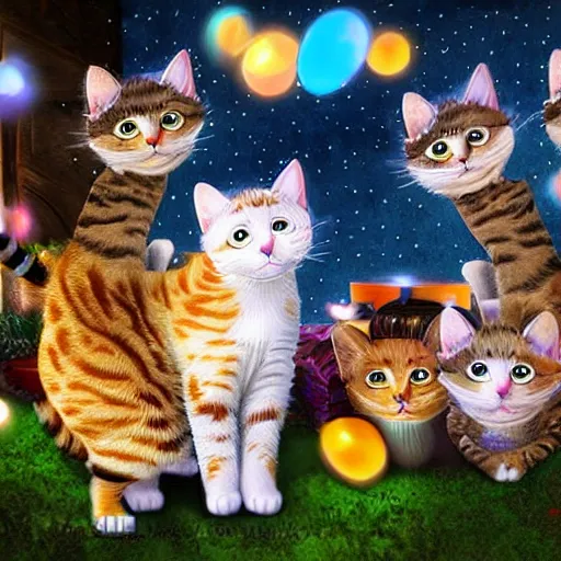 Prompt: cats party, 3d digital art, beautiful, magical atmosphere, concept and