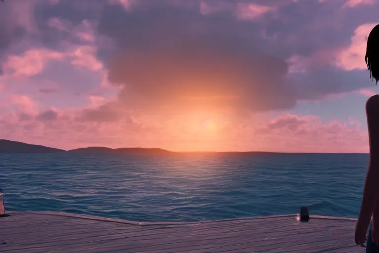 Image similar to max caulfield watching sunset on the sea, life is strange, realistic, cinematic, 8 k, highly detailed, ue 5