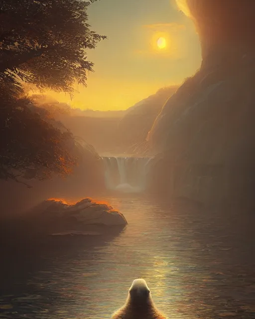 Image similar to white capybara at niagra falls, surreal photography, sunrise dramatic light, impressionist painting, colorful clouds, digital painting, artstation, kilian eng, john harris, bastien lecouffe - deharme, simon stalenhag, flower face