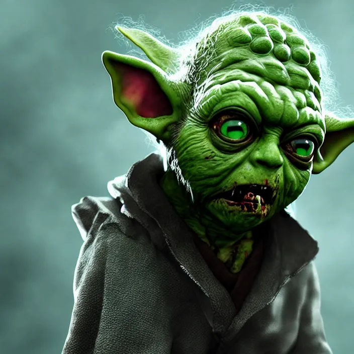 Image similar to zombie yoda, yoda as a zombie, zombified, scary, hyperrealistic, digital render, octane, artstation