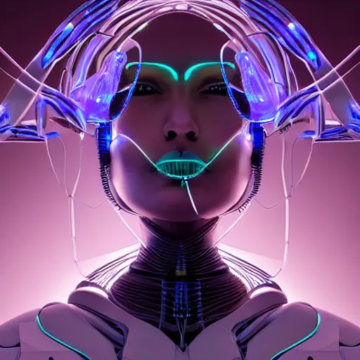 Image similar to a stunning magic robot woman with cybernetic enhancements, wires, led lights, organic, futuristic, by zaha hadid and artgerm and beeple
