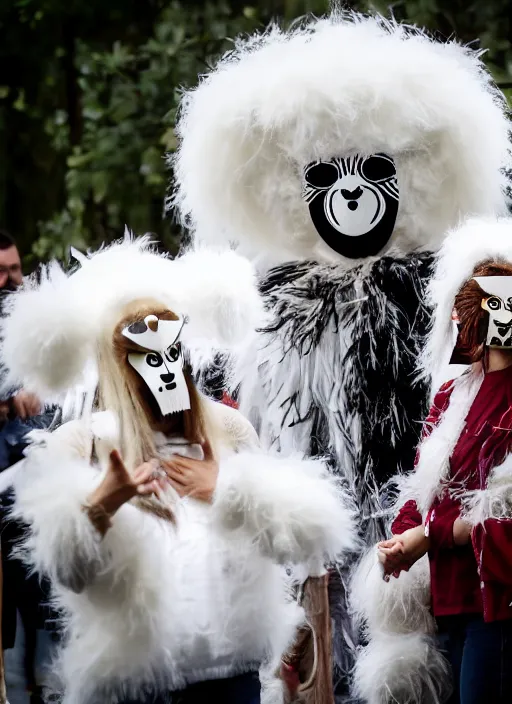 Prompt: documentary photo ordinary people wearing white fluffy hairy carnivals costumes, wearing wooden masks of birds, reportage photography, scientific photography, noise, ultra realistic,