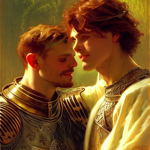 Image similar to attractive arthur pendragon and his attractive male knight, they are in love, natural lighting, path traced, highly detailed, high quality, digital painting, by gaston bussiere, craig mullins, alphonse mucha j. c. leyendecker