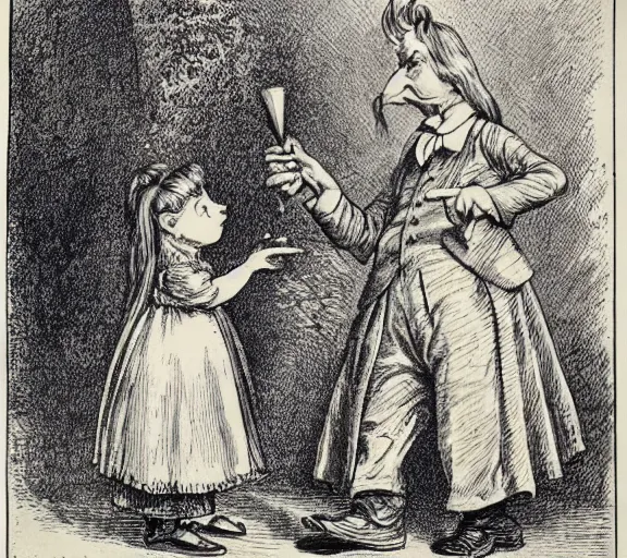 Prompt: Tenniel illustration portrait of Alice, Lewis Carrol