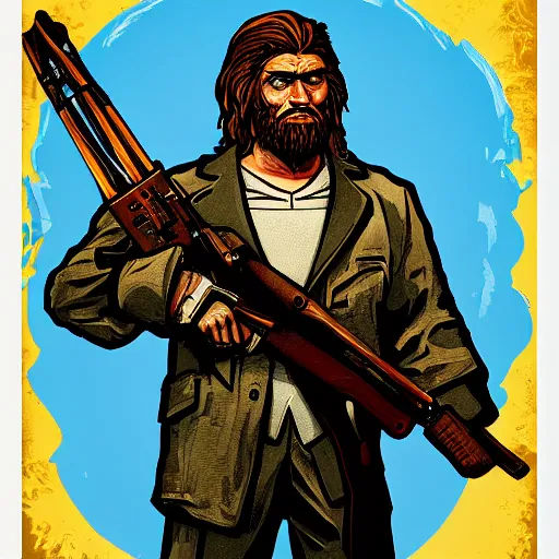 Prompt: saint homo neanderthalis, portrait, propaganda poster, with book of science on his right hand, and riffle, pop art, gta chinatown wars art style, bioshock infinite art style, hyperrealistic, two colors, white frame border, 4 k, uhd, remove duplicate content, align left content.