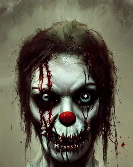 Image similar to hyper realistic photo portrait zombie clown cinematic, greg rutkowski, james gurney, mignola, craig mullins, brom