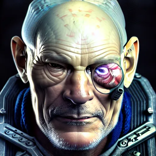 Image similar to portrait painting of a cyberpunk ork doctor muscular patrick stewart with fangs and tusks, ultra realistic, concept art, intricate details, eerie, highly detailed, photorealistic, octane render, 8 k, unreal engine. art by artgerm and greg rutkowski and charlie bowater and magali villeneuve and alphonse mucha