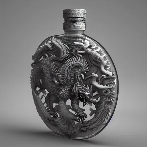 Prompt: transparent ancient boar flask with a Chinese dragon, raytracing, orthographic 3d rendering, octane render