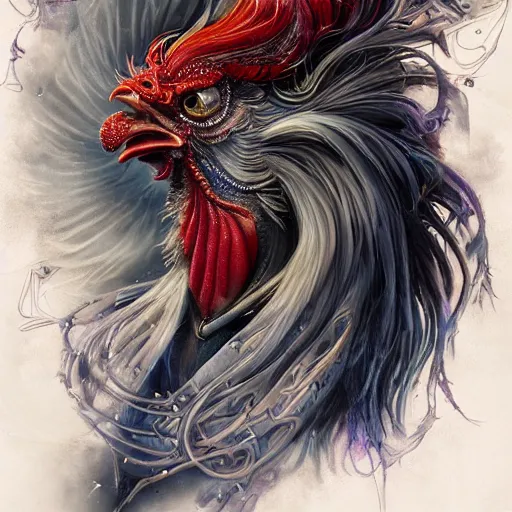 Image similar to a wlop 3 d render of very very very very highly detailed beautiful mystic portrait of a phantom undead rooster with whirling galaxy around, tattoos by anton pieck, intricate, extremely detailed, digital painting, artstation, concept art, smooth, sharp focus, illustration, intimidating lighting, incredible art,