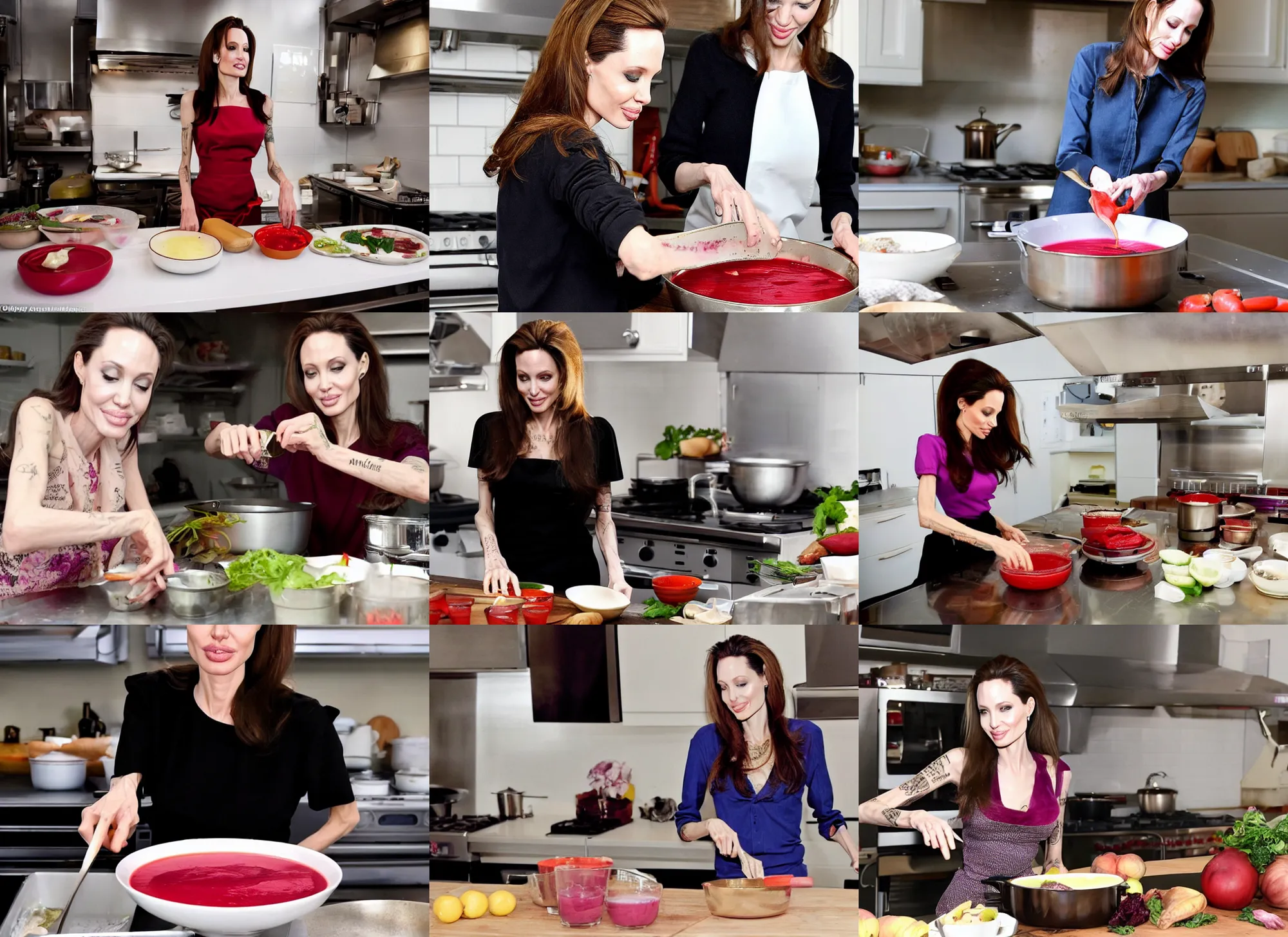 Prompt: beautiful Angeline Jolie cooks borscht in the kitchen,