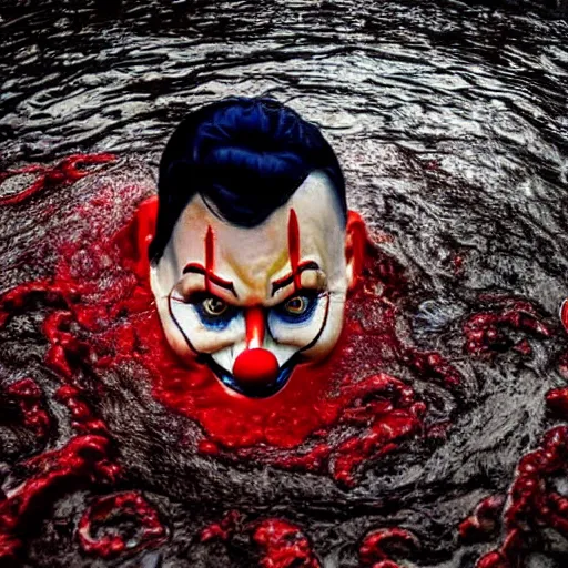 Image similar to A creepy clown emerging froma puddle of water, dramatic