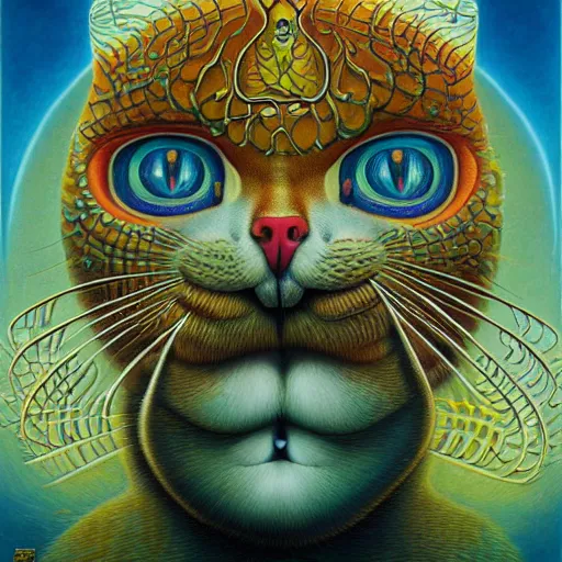 Image similar to a cat having an ego trip, by alex grey, by Esao Andrews and Karol Bak and Zdzislaw Beksinski and Zdzisław Beksiński, trending on ArtStation