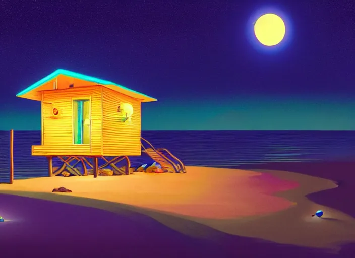 Prompt: a luminescent beach hut at night by paolo eleuteri serpieri and tomer hanuka and chesley bonestell and daniel merriam and tomokazu matsuyama, unreal engine, high resolution render, featured on artstation, octane, 8 k, highly intricate details, vivid colors, vector illustration