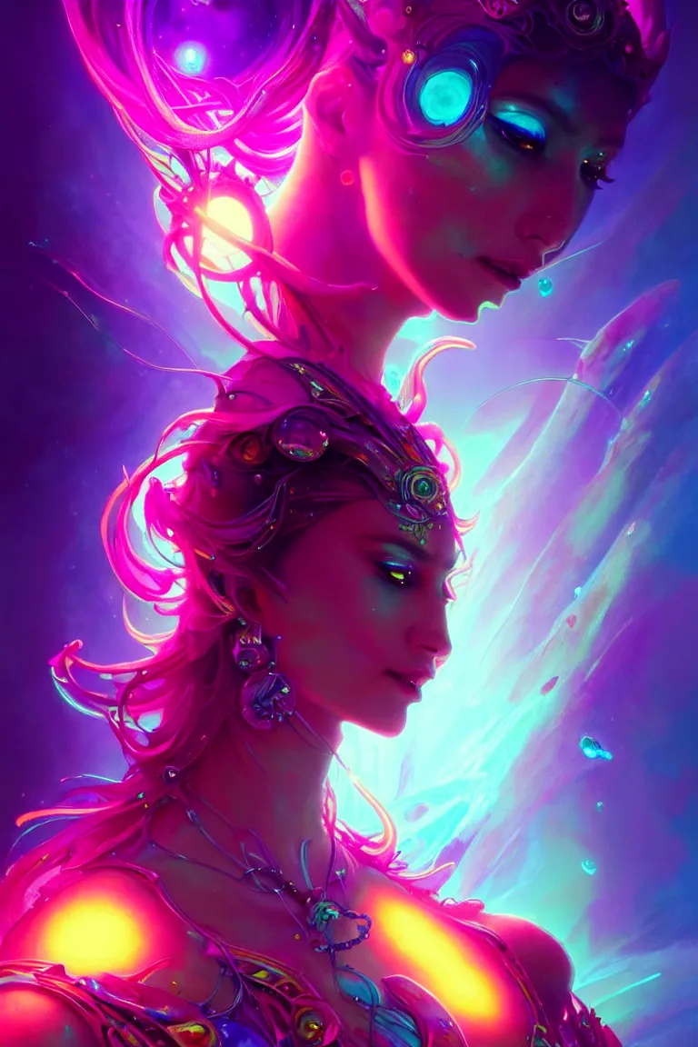 Prompt: epic scale cinematic full body chromaticity goddess character concept perfect focus closeup macro photography of a beautiful colorful crystals powder liquids, glowing fluorescent velvet neon blacklight hues and saturation, sacred dmt weed goddess visionary fantasy art by greg rutkowski android jones artgerm max chroma mucha rule of thirds golden ratio alien plants