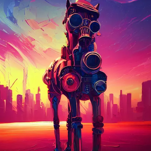 Image similar to a graph style gauche impasto, steampunk horse, cyberpunk art by james gilleard, city depth of field, cgsociety, retrofuturism, synthwave, retrowave, outrun, paint, high quality.