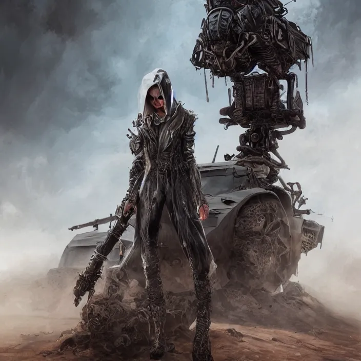 Image similar to beautiful apocalyptic woman in hooded cloak, standing on mad max panzer tank, hyper-detailed, smooth, sharp focus, 4k ultra hd, fantasy dark art, tank girl, artgerm, artstation, octane render, elegant, detailed digital painting, apocalyptic art