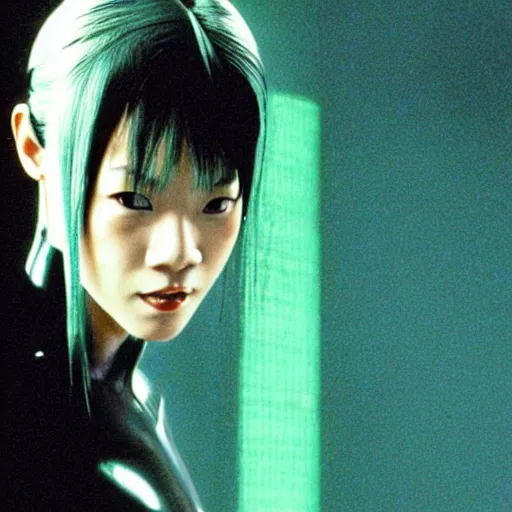 Image similar to photo still of actress miku hatsune as trinity in the matrix ( 1 9 9 9 )