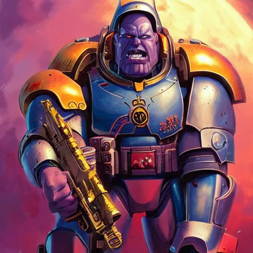 Prompt: portrait of a primaris space marine kissing thanos by jesper ejsing, by rhads, makoto shinkai and lois van baarle, ilya kuvshinov, rossdraws global illumination