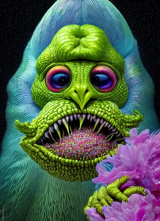 Prompt: hyper detailed 3d render like a Oil painting - kawaii portrait Aurora (a skeksis from dark crystal that looks like millie bobby brown and Krysten Ritter) seen Eating of the Strangling network of yellowcake aerochrome and milky Fruit and His delicate Hands hold of gossamer polyp blossoms bring iridescent fungal flowers whose spores black the foolish stars by Jacek Yerka, Ilya Kuvshinov, Mariusz Lewandowski, Houdini algorithmic generative render, Abstract brush strokes, Masterpiece, Edward Hopper and James Gilleard, Zdzislaw Beksinski, Mark Ryden, Wolfgang Lettl, hints of Yayoi Kasuma, octane render, 8k