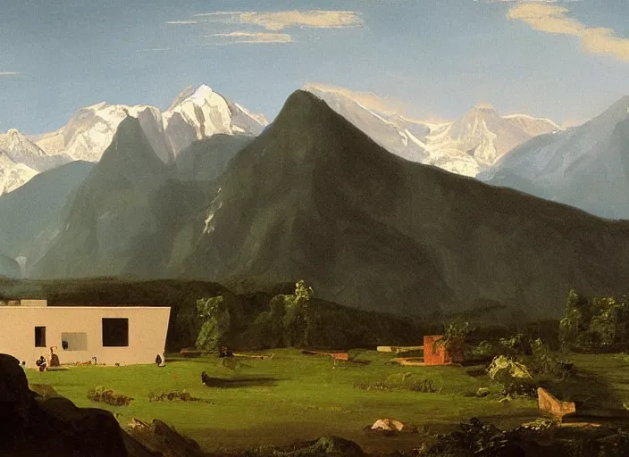 Image similar to painting of a corbusier house in in front of beautiful mountains by thomas cole