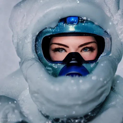 Image similar to futuristic female soldier eyes closed partly submerged in highly viscous clear fluid, frost particles, ice needles, cold blue light, complex hyperdetailed technical suit. white hair flowing. reflection. rays and dispersion of light. volumetric light. 5 0 mm, f / 3 2. noise film photo. ultra realistic, wide angle.