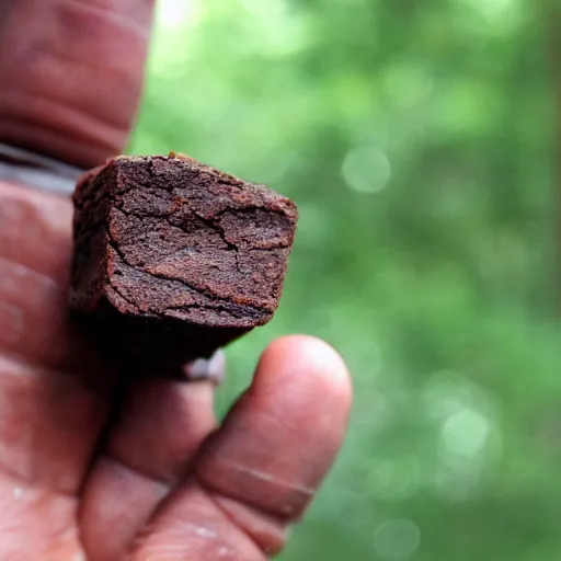 Image similar to A brownie that looks like a piece of wood. The shape is reminiscent of a pine tree, and the coloration is similar as well. It is covered with hair on its legs and torso, which makes it look like an animal in the forest. Its arms are thin but long, and have small hands and fingers. It carries an axe on its back, which makes it look like a lumberjack.