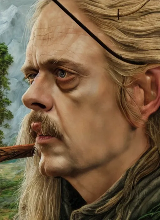 Image similar to portrait of steve buscemi as legolas, action shot, elven archer, by alan lee, lord of the rings, smooth, detailed terrain, oil painting, matte painting, concept art, trending on artstation, promotional artwork, film still, elegant, photorealistic facial features, intricate, detailed face, cinematic lighting