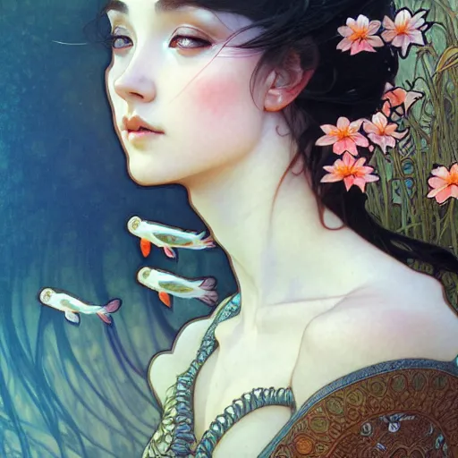 Image similar to Portrait of a girl surrounded by Koi fish, face, fantasy, intricate, elegant, highly detailed, digital painting, artstation, concept art, smooth, sharp focus, illustration, art by Loish and Artem Demura and alphonse mucha