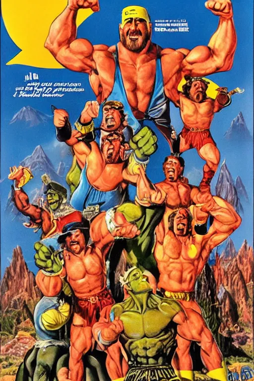 Image similar to vintage movie poster kulk kogan, hulk hogan, pointing dwarves, lightning, mountain, 1 9 8 2, drew struzan inspiration