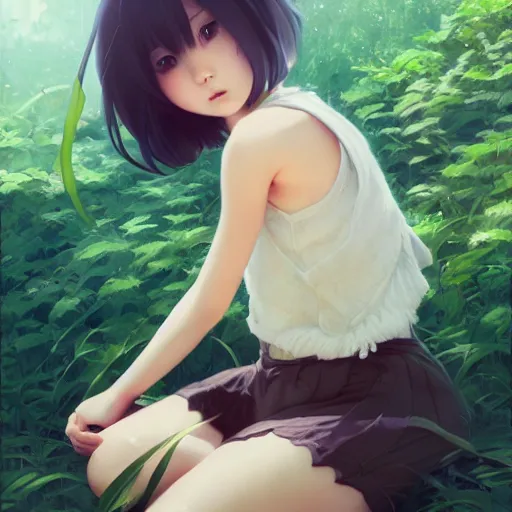 Prompt: very small little girl by ross tran : : sitting on a gigantic green leaf by sana takeda : : rtx reflections, very high intricate details, digital anime art by wlop, medium shot, mid - shot, composition by ilya kuvshinov, lighting by greg rutkowski