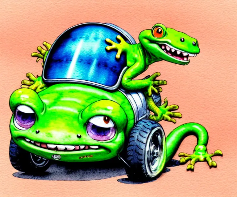 Prompt: cute and funny, gecko wearing a helmet riding in a hot rod with oversized engine, ratfink style by ed roth, centered award winning watercolor pen illustration, isometric illustration by chihiro iwasaki, edited by range murata, tiny details by artgerm and watercolor girl, symmetrically isometrically centered, sharply focused