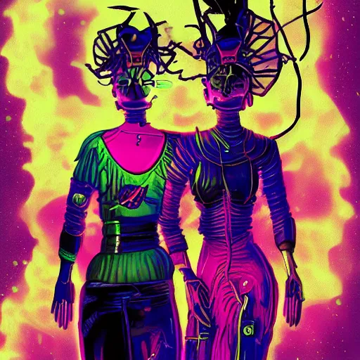 Prompt: tarot card of the lovers, cyberpunk theme, digital painting, artstation award winning, high contrast, black background with vivid colours