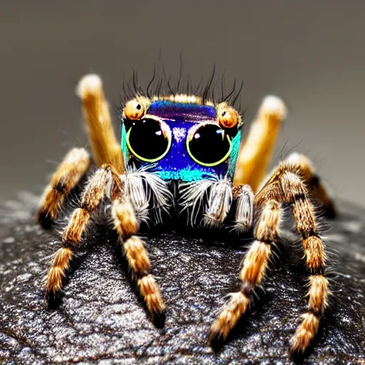 Prompt: a cute jumping spider, by pixar, macro lens, iridescent, 4 k, highly detailed - s 1 2 8 8 9 3 6 5 1 1