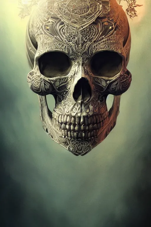 Image similar to concept art skull, the skull is decorated with art deco patterns, close - up portrait, powerfull, intricate, elegant, volumetric lighting, scenery, digital painting, highly detailed, artstation, sharp focus, illustration, concept art, ruan jia, steve mccurry