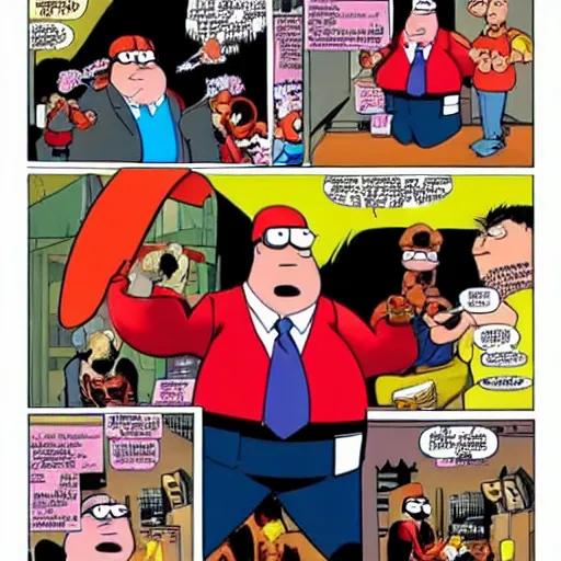 Prompt: Peter Griffin killing and eating Marvel superheroes