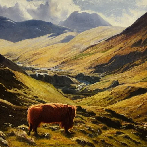 Prompt: a beautiful painting of the scottish highlands by gustave baumann, trending on artstation and behance, national gallery of art highlights, highland cattle and dry stone walls