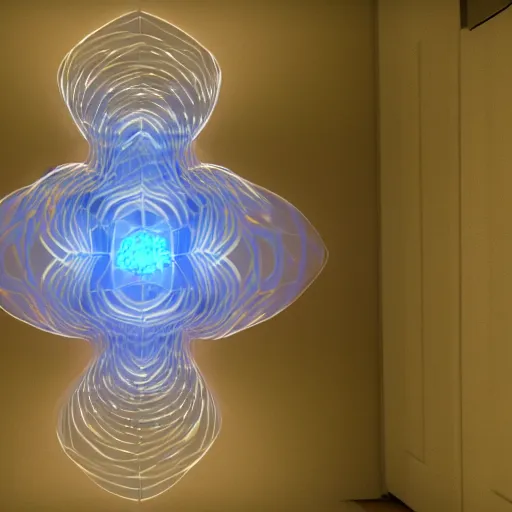 Image similar to strange fractal object floating in the middle of a hallway, glowing in the dark