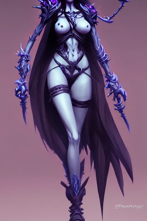 Prompt: Full body character concept art of an anime female Drow necromancer, skull scythe, pretty face, long dark hair, by Stanley Artgerm Lau, WLOP, Rossdraws, James Jean, Andrei Riabovitchev, Marc Simonetti, and Sakimichan, tranding on artstation