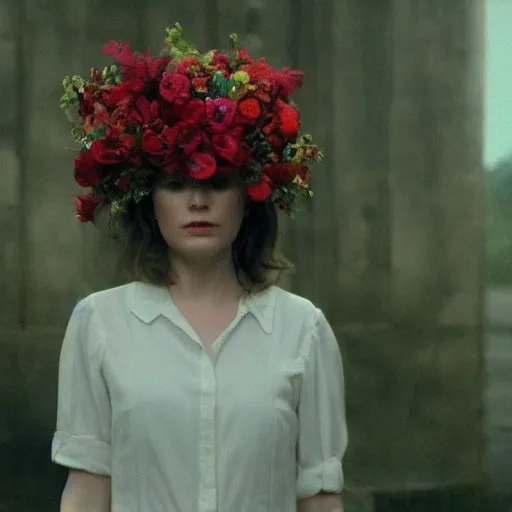 Image similar to movie still of the girl with the flowers head, cinematic composition, cinematic light, by edgar wright and david lynch