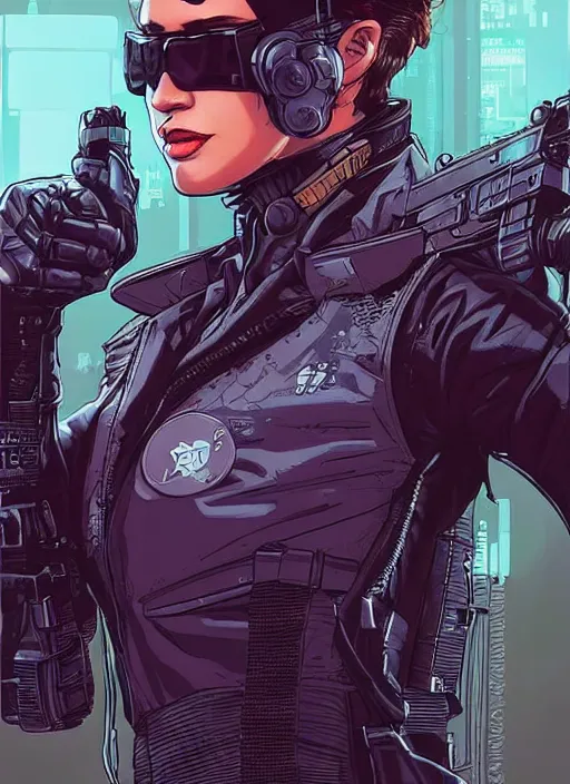 Prompt: Feminist Selina. Gorgeous female cyberpunk assassin wearing a military vest, and tactical jumpsuit. gorgeous face. Realistic Proportions. Concept art by James Gurney and Laurie Greasley. Moody Industrial skyline. ArtstationHQ. Creative character design for cyberpunk 2077.