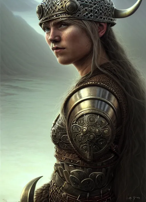 Prompt: closeup portrait shot of a female viking warrior in a scenic dystopian environment, intricate, elegant, highly detailed, centered, digital painting, artstation, concept art, smooth, sharp focus, illustration, artgerm, tomasz alen kopera, peter mohrbacher, donato giancola, joseph christian leyendecker, wlop, boris vallejo